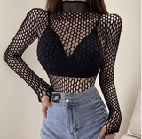 Women’s Sexy Mesh Long Sleeve Top – See-Through Fishnet Crop Tee