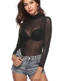 Women’s Sexy Black Turtleneck Bodysuit – Sheer Hollow Out Long Sleeve Party Romper