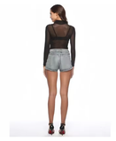 Women’s Sexy Black Turtleneck Bodysuit – Sheer Hollow Out Long Sleeve Party Romper