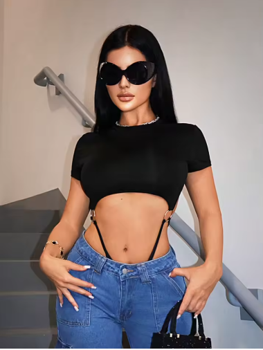 Women’s Y2K Black Bodysuit – Slim Fit O-Neck Summer Jumpsuit