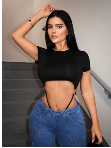 Women’s Y2K Black Bodysuit – Slim Fit O-Neck Summer Jumpsuit
