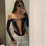 Women’s Sexy Mesh See-Through Top – Rhinestone Long Sleeve Bodysuit