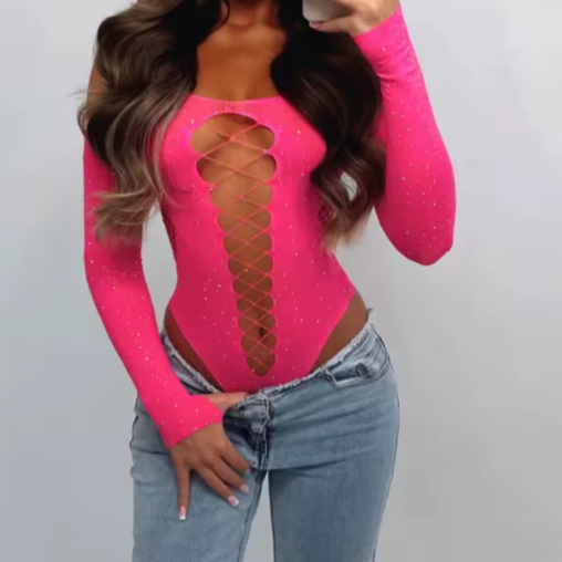 Women’s Sexy Mesh See-Through Top – Rhinestone Long Sleeve Bodysuit