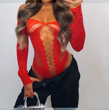 Women’s Sexy Mesh See-Through Top – Rhinestone Long Sleeve Bodysuit