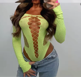 Women’s Sexy Mesh See-Through Top – Rhinestone Long Sleeve Bodysuit