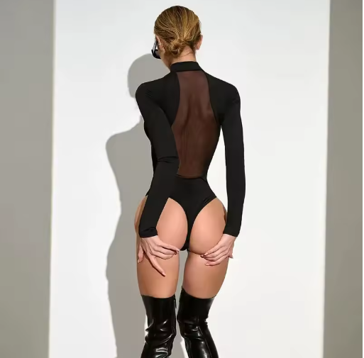 Women’s Sexy Lace Mesh Jumpsuit – High Waist Long Sleeve One-Piece