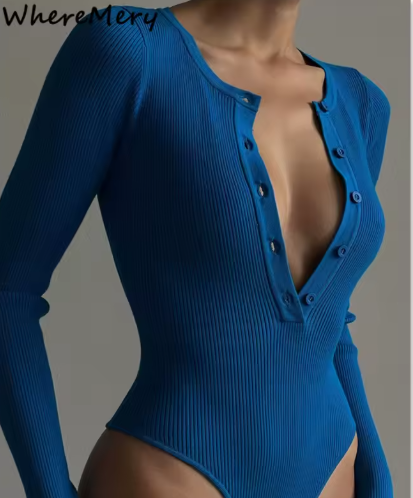 Women’s Sexy Long Sleeve Bodysuit – Button-Up Round Neck Clubwear