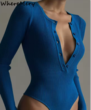 Women’s Sexy Long Sleeve Bodysuit – Button-Up Round Neck Clubwear