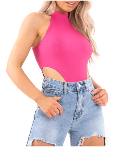 Sexy Women's Halter Bodysuit – High Cut, Sleeveless, Solid Color Leotard Top – Summer Fashion Bodycon One-Piece