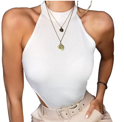 Sexy Women's Halter Bodysuit – High Cut, Sleeveless, Solid Color Leotard Top – Summer Fashion Bodycon One-Piece