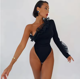 Women's One-Shoulder Mesh Lotus Leaf Sleeve Jumpsuit Bodysuit Top