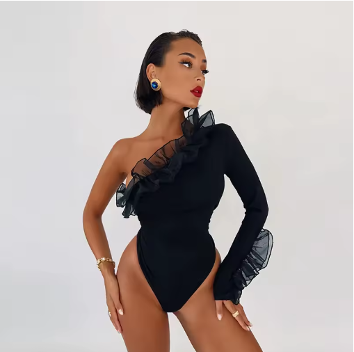 Women's One-Shoulder Mesh Lotus Leaf Sleeve Jumpsuit Bodysuit Top