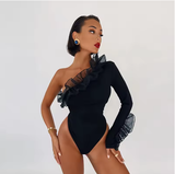 Women's One-Shoulder Mesh Lotus Leaf Sleeve Jumpsuit Bodysuit Top