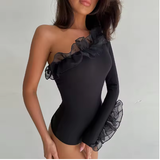 Women's One-Shoulder Mesh Lotus Leaf Sleeve Jumpsuit Bodysuit Top