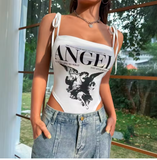 Women's Sleeveless Lace-Up Bodysuit with Bow and Letter Print – Summer Streetwear