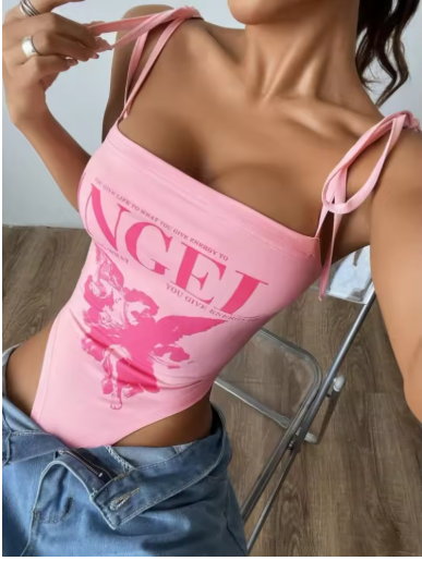 Women's Sleeveless Lace-Up Bodysuit with Bow and Letter Print – Summer Streetwear