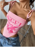 Women's Sleeveless Lace-Up Bodysuit with Bow and Letter Print – Summer Streetwear