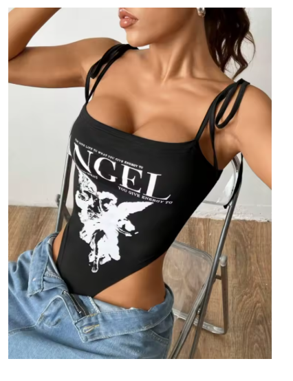 Women's Sleeveless Lace-Up Bodysuit with Bow and Letter Print – Summer Streetwear