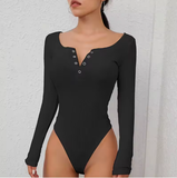 Women’s Ribbed Knit Bodysuit with Long Sleeves – Slim Fit V-Neck