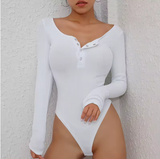 Women’s Ribbed Knit Bodysuit with Long Sleeves – Slim Fit V-Neck