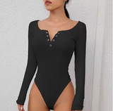 Women’s Ribbed Knit Bodysuit with Long Sleeves – Slim Fit V-Neck