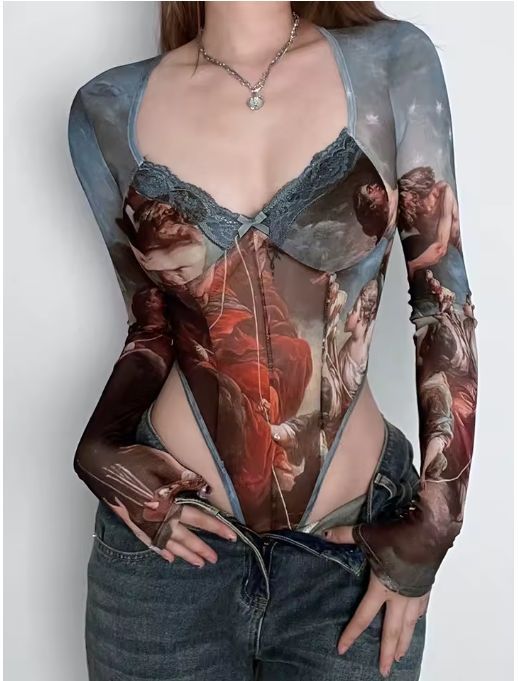 Rockmore Vintage Mesh Bodysuit with Lace, Bow & Long Sleeves