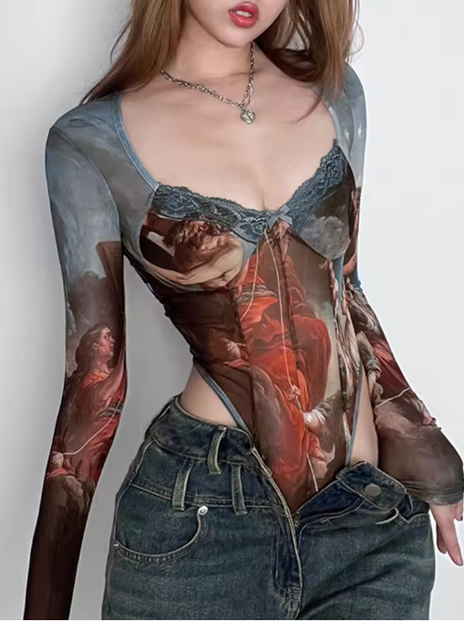 Rockmore Vintage Mesh Bodysuit with Lace, Bow & Long Sleeves