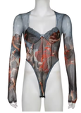 Rockmore Vintage Mesh Bodysuit with Lace, Bow & Long Sleeves