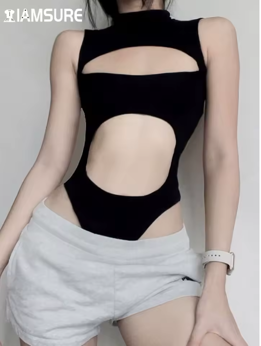 IAMSURE Sleeveless Hollow-Out Bodysuit – Slim Fit Clubwear for Women