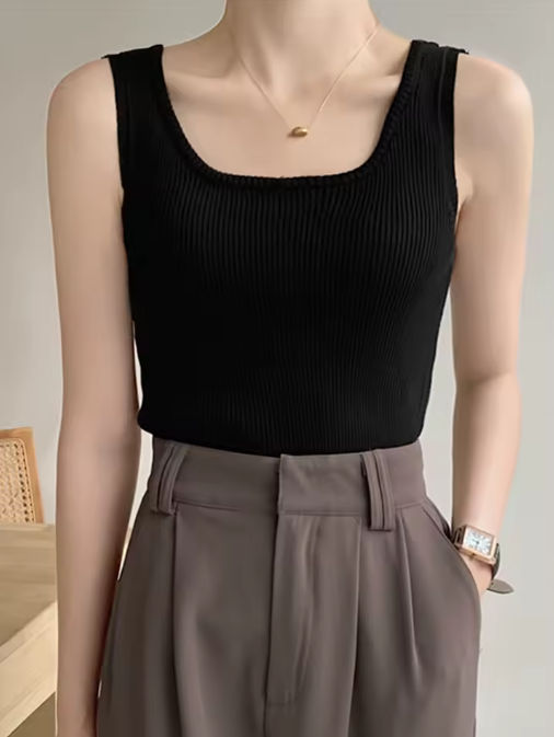 Women's Ribbed Knit Tank Top – Vintage-Inspired Sleeveless Camisole