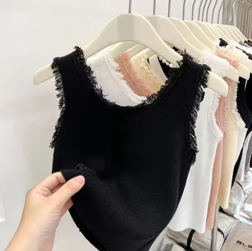 Women's Knitted Slim Tank Top – Sleeveless U-Neck with Tassel Detail