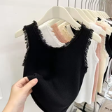 Women's Knitted Slim Tank Top – Sleeveless U-Neck with Tassel Detail