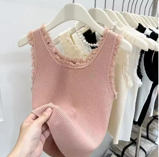 Women's Knitted Slim Tank Top – Sleeveless U-Neck with Tassel Detail