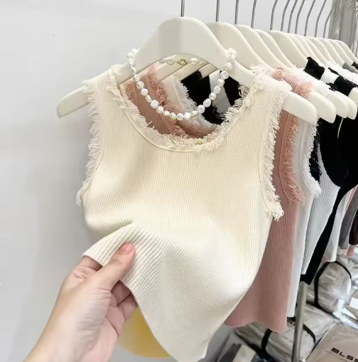Women's Knitted Slim Tank Top – Sleeveless U-Neck with Tassel Detail