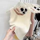 Women's Knitted Slim Tank Top – Sleeveless U-Neck with Tassel Detail