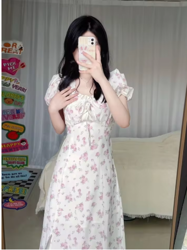 Sweet French Vintage Floral Dress with Puff Sleeves