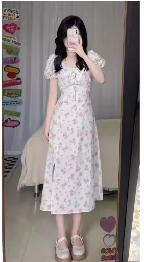 Sweet French Vintage Floral Dress with Puff Sleeves