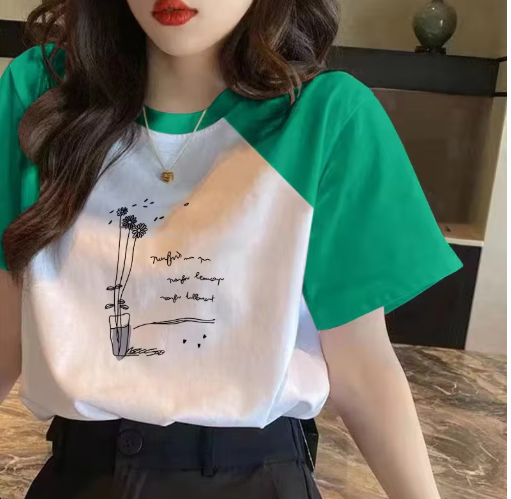 100% Cotton Color Block Short Sleeve T-Shirt – Loose Fit, Trendy Spring/Summer Top for Women