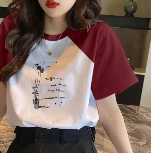 100% Cotton Color Block Short Sleeve T-Shirt – Loose Fit, Trendy Spring/Summer Top for Women