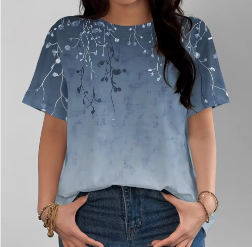 Blue & White Floral T-Shirt – Elegant and Comfortable Summer Style