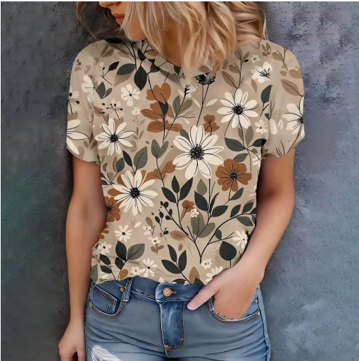 Women's Beige Printed T-Shirt – Effortless Summer Style
