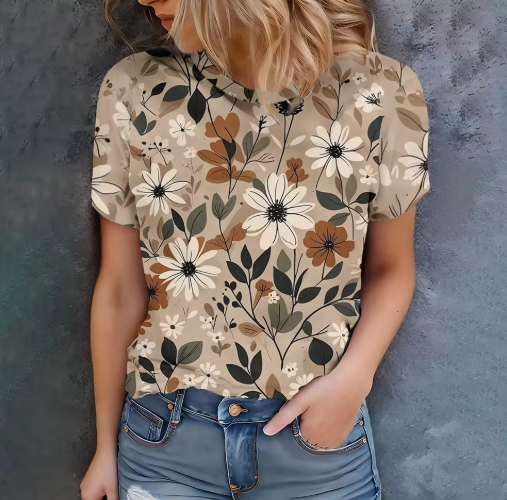 Women's Beige Printed T-Shirt – Effortless Summer Style