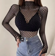 Sexy Mesh Long Sleeve Crop Top – See-Through Hollow Out Fishnet Shirt for Women, Slim Fit Clubwear