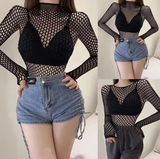 Sexy Mesh Long Sleeve Crop Top – See-Through Hollow Out Fishnet Shirt for Women, Slim Fit Clubwear