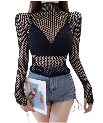 Sexy Mesh Long Sleeve Crop Top – See-Through Hollow Out Fishnet Shirt for Women, Slim Fit Clubwear