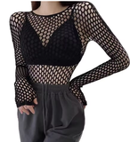 Sexy Mesh Long Sleeve Crop Top – See-Through Hollow Out Fishnet Shirt for Women, Slim Fit Clubwear