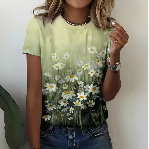 Green Daisy Grass Print T-Shirt – Nature-Inspired Casual Tee for Women