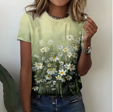 Green Daisy Grass Print T-Shirt – Nature-Inspired Casual Tee for Women