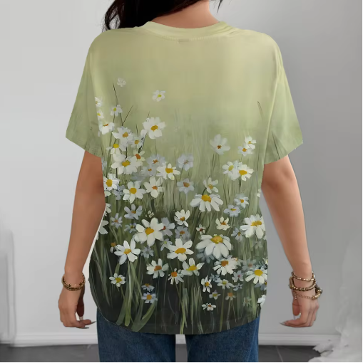 Green Daisy Grass Print T-Shirt – Nature-Inspired Casual Tee for Women