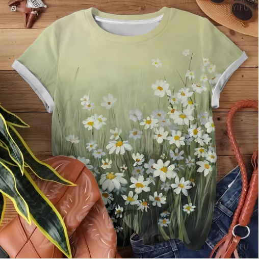 Green Daisy Grass Print T-Shirt – Nature-Inspired Casual Tee for Women